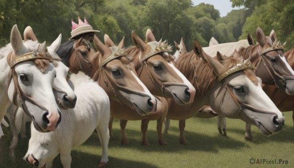 hat,outdoors,food,day,cape,tree,no humans,animal,grass,crown,nature,scenery,forest,riding,animal focus,horse,horseback riding,sky,spikes,reins,saddle