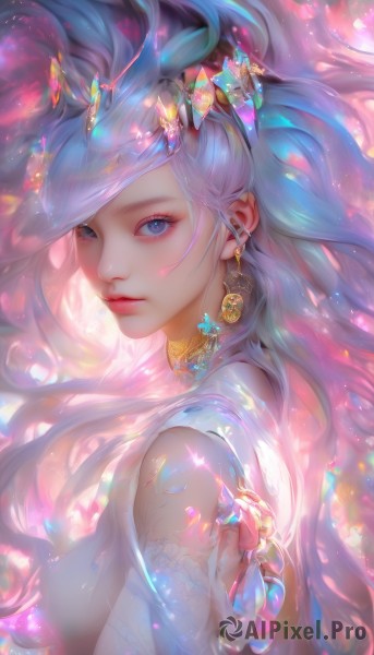 1girl,solo,long hair,breasts,looking at viewer,blue eyes,hair ornament,jewelry,medium breasts,closed mouth,blue hair,upper body,pink hair,multicolored hair,earrings,choker,artist name,from side,lips,eyelashes,sparkle,makeup,floating hair,gem,eyeshadow,crystal,glint,nose,mascara,bangs,dress,bare shoulders,very long hair,white dress,looking to the side,grey eyes,gradient hair,light particles,pink lips,realistic