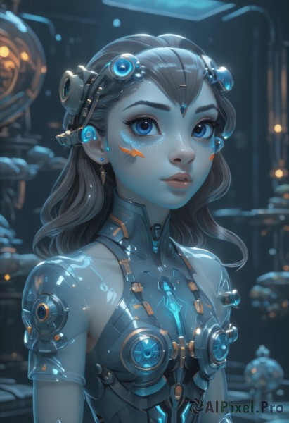 1girl,solo,long hair,breasts,looking at viewer,blue eyes,brown hair,black hair,jewelry,upper body,earrings,small breasts,parted lips,blurry,lips,see-through,eyelashes,bodysuit,makeup,glowing,colored skin,headgear,facial mark,robot,freckles,science fiction,nose,android,cyborg,cyberpunk,hologram,bangs,bare shoulders,teeth,shiny,artist name,blue theme