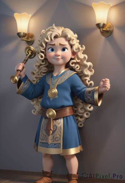 1girl,solo,long hair,looking at viewer,blush,smile,blue eyes,blonde hair,long sleeves,holding,jewelry,closed mouth,standing,full body,boots,belt,indoors,necklace,blue dress,brown footwear,curly hair,robe,dress,wavy hair,aged down,child,clenched hands,wand,light,hammer