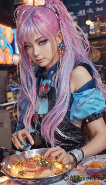 1girl,solo,long hair,breasts,looking at viewer,bangs,blue eyes,holding,bare shoulders,twintails,jewelry,upper body,pink hair,short sleeves,multicolored hair,earrings,food,puffy sleeves,indoors,nail polish,blurry,collar,bracelet,lips,fingernails,clothing cutout,makeup,depth of field,blurry background,ring,blue nails,bowl,spoon,k/da (league of legends),closed mouth,artist name,two side up,watermark,knife,plate,realistic,nose,fork,holding spoon