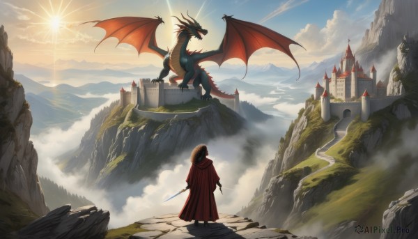 1boy,holding,standing,weapon,outdoors,wings,sky,day,sword,cloud,hood,from behind,cape,holding weapon,holding sword,sunlight,cloudy sky,scenery,cloak,1other,robe,mountain,fantasy,dragon,sun,red cape,facing away,castle,tower,ambiguous gender,sunrise,cliff,1girl,blue sky,hood up,flying,hooded cloak,landscape,mountainous horizon,fog