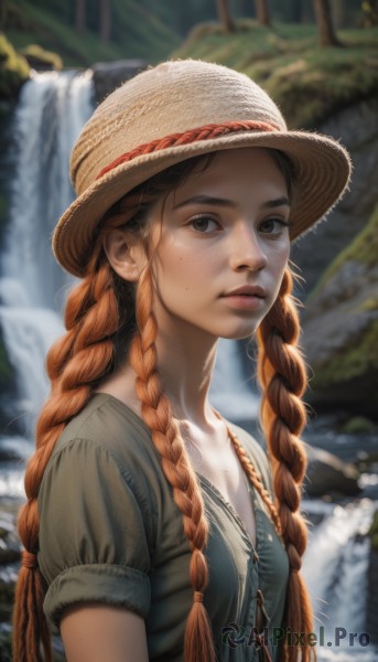 1girl,solo,long hair,breasts,looking at viewer,brown hair,hat,dress,brown eyes,jewelry,closed mouth,collarbone,upper body,braid,short sleeves,small breasts,outdoors,day,artist name,water,necklace,orange hair,mole,blurry,twin braids,lips,grey eyes,depth of field,blurry background,nature,freckles,realistic,nose,straw hat,river,waterfall,mole under eye,sunlight,green dress,mole on cheek