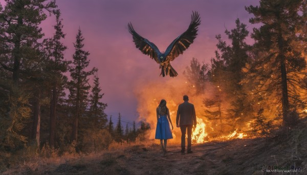 1girl,long hair,short hair,skirt,brown hair,shirt,black hair,1boy,standing,jacket,hetero,outdoors,sky,pants,artist name,signature,from behind,tree,blue skirt,glowing,holding hands,bird,watermark,fire,couple,nature,scenery,forest,sunset,owl,white shirt,boots,black footwear,pokemon (creature),web address,long skirt,facing away,wide shot,twilight,path