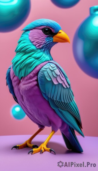 solo,simple background,standing,full body,wings,blurry,pokemon (creature),no humans,shadow,bird,animal,pink background,sunglasses,feathers,ball,realistic,animal focus,talons,beak,closed mouth,gradient,gradient background,pigeon