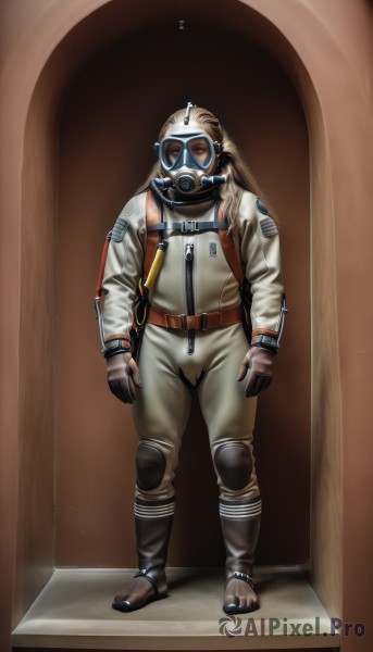 solo,looking at viewer,gloves,1boy,standing,full body,male focus,mask,helmet,goggles,1other,brown gloves,realistic,door,knee pads,gas mask,spacesuit,brown hair,boots,belt,american flag,pilot,astronaut