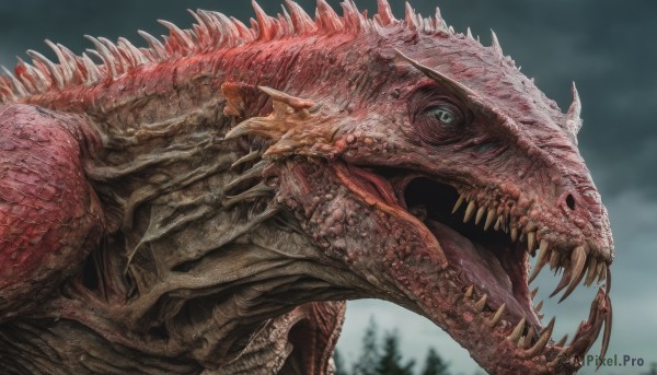 solo,open mouth,outdoors,sky,teeth,tongue,cloud,tongue out,blurry,from side,tree,no humans,blurry background,fangs,cloudy sky,sharp teeth,monster,dragon,dinosaur,horns,day,spikes,realistic,scales