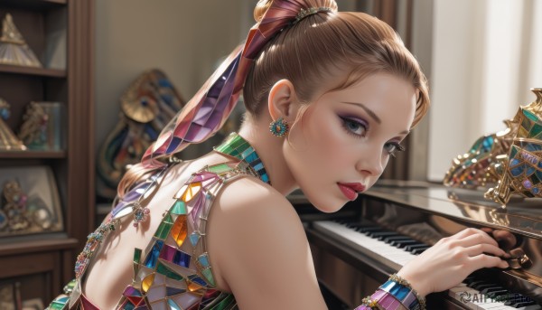 1girl,solo,long hair,looking at viewer,blue eyes,blonde hair,brown hair,hair ornament,dress,ribbon,bare shoulders,jewelry,hair ribbon,upper body,ponytail,earrings,parted lips,sleeveless,looking back,indoors,blurry,bracelet,lips,grey eyes,eyelashes,makeup,depth of field,blurry background,lipstick,gem,instrument,eyeshadow,crystal,realistic,nose,music,red lips,eyeliner,playing instrument,hair pulled back,mascara,piano,closed mouth,choker,from side,bangle