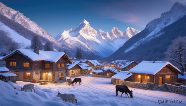 outdoors,sky,day,cloud,tree,blue sky,no humans,window,animal,building,nature,scenery,snow,forest,mountain,door,house,winter,bare tree,mountainous horizon,sheep,town,cow,cat,landscape,footprints,pine tree