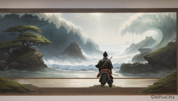 solo,black hair,1boy,holding,standing,weapon,male focus,outdoors,japanese clothes,sky,day,pants,sword,cloud,water,from behind,holding weapon,armor,tree,border,sunlight,katana,cloudy sky,polearm,sheath,scenery,sheathed,rock,mountain,facing away,wide shot,topknot,weapon on back,ponytail,hakama,japanese armor,cliff,samurai,hakama pants