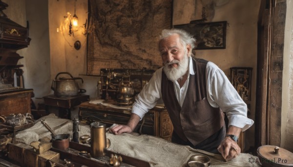 solo,shirt,long sleeves,1boy,jewelry,white shirt,upper body,white hair,male focus,earrings,collared shirt,indoors,vest,cup,facial hair,table,ring,beard,sleeves rolled up,watch,paper,realistic,mustache,wristwatch,lamp,photo (object),old,scroll,coin,old man,brown vest,pocket watch,painting (object),wrinkled skin,inkwell,lips,book,dress shirt,bottle,smoking pipe,sleeves pushed up,map