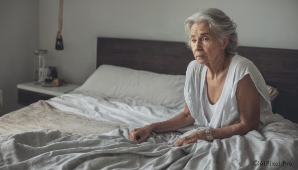 1girl,solo,1boy,jewelry,sitting,closed mouth,white shirt,white hair,grey hair,male focus,indoors,pillow,bed,bed sheet,on bed,parody,bottle,freckles,watch,realistic,blanket,wristwatch,under covers,old,old woman,wrinkled skin,short hair,collarbone,short sleeves,old man