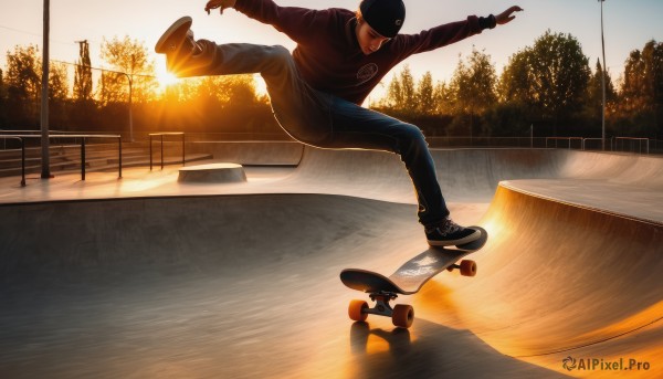 solo,smile,long sleeves,1boy,hat,male focus,outdoors,sky,shoes,pants,tree,black headwear,hoodie,outstretched arms,denim,sneakers,backlighting,reflection,sunset,jeans,jumping,beanie,skates,balancing,skateboard,park,facial hair,baseball cap,realistic,kicking,roller skates