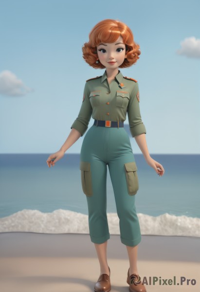 1girl,solo,looking at viewer,smile,short hair,bangs,blue eyes,brown hair,shirt,jewelry,closed mouth,standing,full body,earrings,outdoors,sky,shoes,day,belt,pants,cloud,water,orange hair,blurry,uniform,blue sky,lips,military,military uniform,blurry background,ocean,beach,brown footwear,sleeves rolled up,curly hair,pocket,green shirt,sand,horizon,breast pocket,green pants,breasts,blush,brown eyes,black eyes,freckles