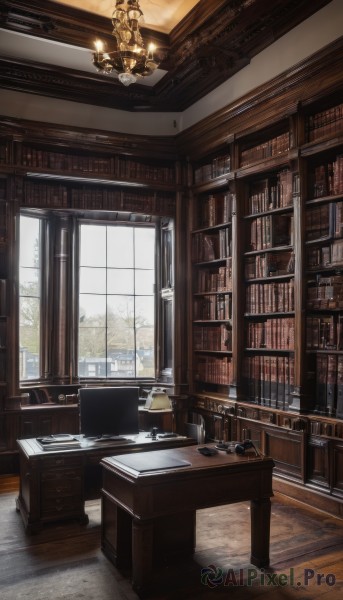 day,indoors,tree,cup,book,no humans,window,chair,table,sunlight,scenery,desk,wooden floor,paper,stairs,bookshelf,lamp,candle,shelf,book stack,library,ladder,quill,candlestand,chandelier