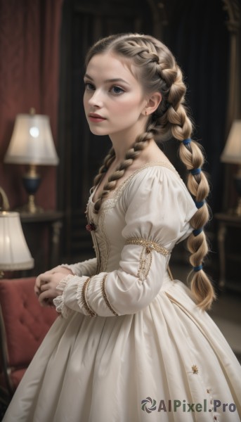 1girl,solo,long hair,breasts,looking at viewer,blue eyes,blonde hair,brown hair,long sleeves,dress,ribbon,jewelry,braid,earrings,small breasts,parted lips,puffy sleeves,indoors,necklace,white dress,blurry,twin braids,from side,lips,makeup,depth of field,blurry background,own hands together,juliet sleeves,freckles,realistic,nose,red lips,lamp,multiple braids,bow,closed mouth,hair ribbon,hair bow,ring,light brown hair,lace