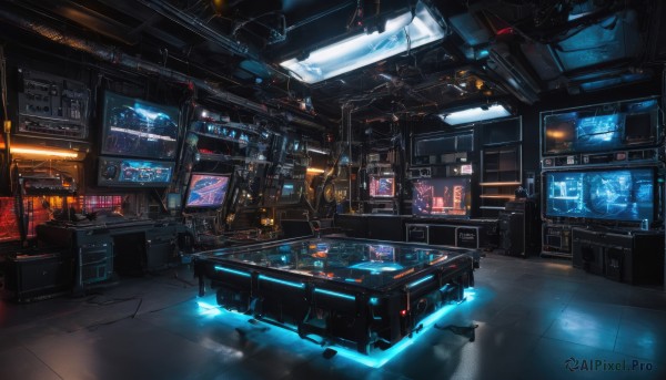 indoors,no humans,window,night,building,scenery,science fiction,city,light,cityscape,cable,monitor,lights,cyberpunk,neon lights,holographic interface,machinery,realistic,spacecraft,cockpit,screen