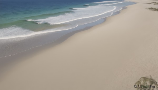 solo,short hair,1boy,male focus,outdoors,day,water,no humans,ocean,beach,scenery,sand,waves,shore,closed eyes,traditional media