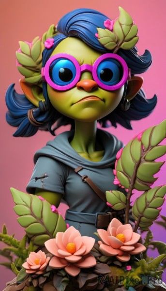 1girl,solo,looking at viewer,short hair,blue eyes,hair ornament,jewelry,closed mouth,blue hair,upper body,flower,short sleeves,earrings,glasses,pointy ears,belt,hood,medium hair,gradient,gradient background,hoodie,colored skin,frown,leaf,pink background,hood down,plant,monster girl,child,pink flower,female child,green skin,fewer digits,simple background,shirt,black hair,collarbone,hair flower,flat chest,lips,overalls,tunic,pink-framed eyewear,green-framed eyewear