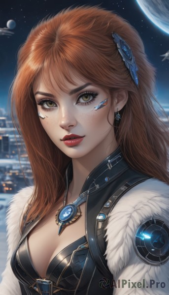 1girl,solo,long hair,breasts,looking at viewer,bangs,brown hair,hair ornament,cleavage,brown eyes,jewelry,medium breasts,green eyes,upper body,earrings,sky,necklace,orange hair,lips,fur trim,makeup,night,moon,lipstick,gem,star (sky),starry sky,freckles,realistic,nose,red lips,eyeliner,planet,jacket,red hair,parted lips,blurry,eyelashes,science fiction,spacecraft