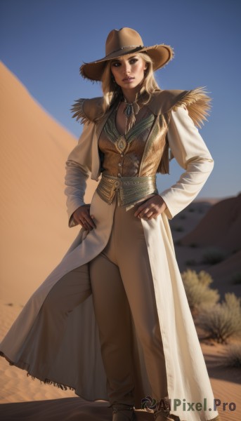 1girl,solo,long hair,looking at viewer,blonde hair,shirt,gloves,long sleeves,hat,brown eyes,jewelry,standing,full body,earrings,boots,outdoors,sky,day,belt,pants,fingerless gloves,necklace,blurry,black eyes,vest,blue sky,lips,coat,brown footwear,brown gloves,hands on hips,realistic,nose,brown headwear,brown pants,fringe trim,cowboy hat,desert,cowboy western,mole above mouth,breasts,skirt,dress,cleavage,medium breasts,mole,ring,long skirt,cactus