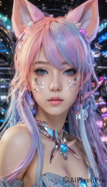 1girl,solo,long hair,breasts,looking at viewer,bangs,blue eyes,hair ornament,animal ears,cleavage,bare shoulders,jewelry,medium breasts,blue hair,collarbone,upper body,pink hair,multicolored hair,earrings,parted lips,choker,necklace,blurry,two-tone hair,lips,animal ear fluff,fox ears,eyelashes,makeup,facial mark,lipstick,gem,eyeshadow,crystal,realistic,nose,k/da (league of legends),large breasts,detached sleeves