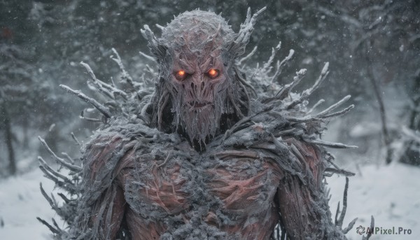 solo,looking at viewer,red eyes,1boy,upper body,male focus,outdoors,teeth,blurry,tree,orange eyes,no humans,blurry background,glowing,sharp teeth,nature,glowing eyes,snow,1other,spikes,forest,colored sclera,skull,monster,snowing,ribs,skeleton,bare tree,bone,horror (theme)