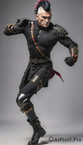 solo,looking at viewer,short hair,simple background,shirt,black hair,gloves,1boy,jewelry,closed mouth,standing,full body,male focus,multicolored hair,earrings,boots,pointy ears,black gloves,belt,pants,grey background,black footwear,armor,covered nipples,two-tone hair,black shirt,muscular,facial hair,scar,black pants,standing on one leg,muscular male,spiked hair,shoulder armor,clenched hand,fighting stance,knee pads,mohawk,bandolier,shadow,shoulder pads