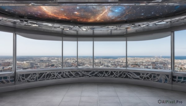 outdoors,sky,cloud,indoors,water,no humans,window,night,ocean,building,star (sky),night sky,scenery,starry sky,reflection,city,railing,horizon,cityscape,space,planet,skyscraper,city lights,day,blue sky,science fiction,realistic,tiles,tile floor,landscape,spacecraft