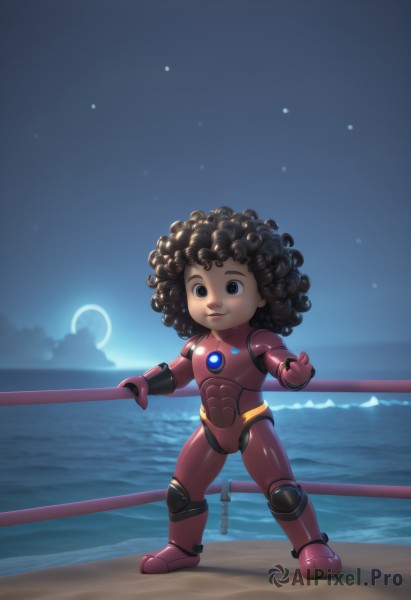 1girl,solo,looking at viewer,smile,brown hair,black hair,brown eyes,standing,full body,outdoors,sky,dark skin,water,armor,black eyes,dark-skinned female,lips,bodysuit,night,ocean,moon,child,star (sky),night sky,starry sky,science fiction,curly hair,crescent moon,big hair,superhero,very dark skin,power armor,afro,robot,messy hair