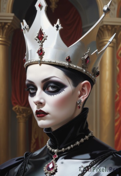 1girl,solo,looking at viewer,short hair,black hair,dress,jewelry,closed mouth,earrings,necklace,blurry,black eyes,lips,grey eyes,eyelashes,makeup,blurry background,turtleneck,crown,lipstick,gem,pale skin,portrait,eyeshadow,high collar,red lips,eyeliner,gold,mascara,red gemstone,black lips,blush,parted lips