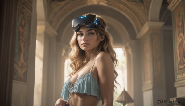 1girl,solo,long hair,breasts,looking at viewer,blonde hair,brown hair,cleavage,bare shoulders,brown eyes,medium breasts,underwear,upper body,midriff,indoors,blurry,lips,blurry background,wavy hair,goggles,curly hair,goggles on head,realistic,nose,church