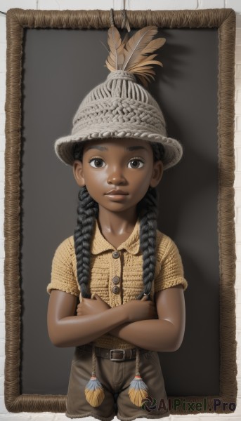 1girl,solo,long hair,looking at viewer,smile,shirt,black hair,hat,brown eyes,closed mouth,braid,short sleeves,cowboy shot,shorts,collared shirt,belt,dark skin,black eyes,twin braids,dark-skinned female,lips,buttons,crossed arms,feathers,child,realistic,female child,hat feather,brown shorts,very dark skin,upper body,hair over shoulder,native american