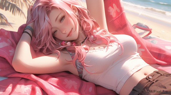 1girl,solo,long hair,breasts,looking at viewer,smile,bangs,large breasts,shirt,navel,cleavage,bare shoulders,jewelry,medium breasts,closed mouth,white shirt,upper body,pink hair,earrings,outdoors,lying,shorts,sleeveless,day,midriff,pants,on back,armpits,water,necklace,stomach,arms up,bracelet,lips,crop top,grey eyes,sleeveless shirt,ocean,beach,piercing,ear piercing,sand,blue eyes,sunglasses,tank top,pink lips,palm tree,eyewear removed