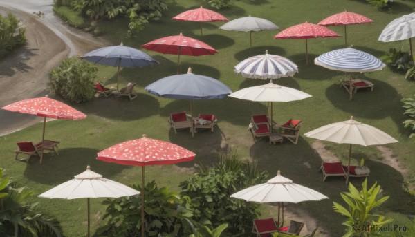 outdoors,day,tree,no humans,shadow,umbrella,chair,table,grass,plant,nature,scenery,bush,shade,parasol,mushroom,beach umbrella,lounge chair