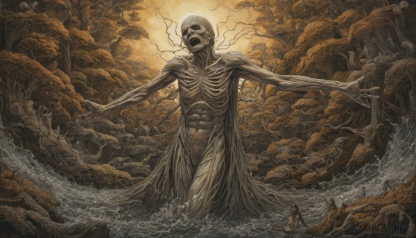 solo,open mouth,1boy,standing,male focus,outdoors,teeth,water,tree,muscular,abs,outstretched arms,scenery,wading,skull,monster,spread arms,sun,giant,ribs,skeleton,extra arms,horror (theme),1girl,artist name,from behind,cloak,1other,wide shot,statue,yellow theme,brown theme