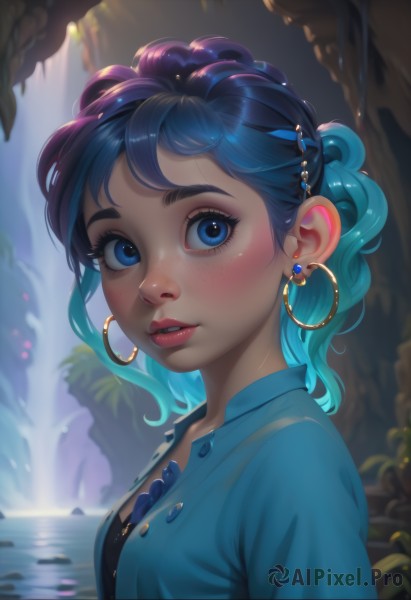 1girl,solo,breasts,looking at viewer,blush,short hair,bangs,blue eyes,shirt,black hair,hair ornament,jewelry,blue hair,upper body,purple hair,multicolored hair,earrings,small breasts,outdoors,parted lips,open clothes,teeth,hairclip,shiny,collared shirt,artist name,dark skin,medium hair,water,necklace,blurry,from side,two-tone hair,dark-skinned female,lips,looking to the side,eyelashes,aqua hair,gradient hair,makeup,buttons,blurry background,watermark,piercing,thick eyebrows,blue shirt,lipstick,web address,eyeshadow,freckles,curly hair,hoop earrings,pink lips,nose,unbuttoned,red lips,eyeliner,partially unbuttoned,unbuttoned shirt,waterfall,mascara,short sleeves,plant