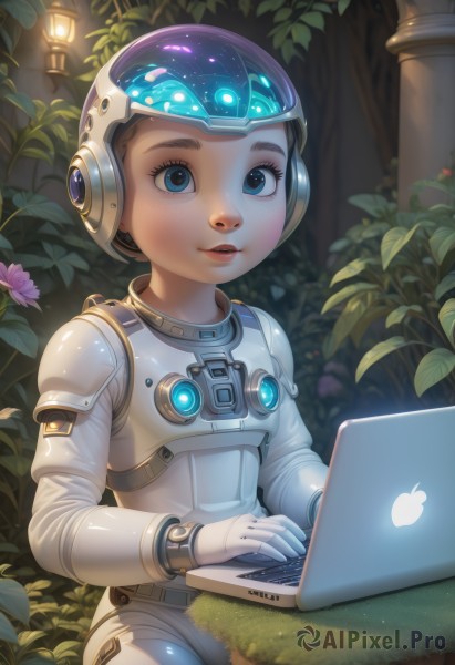 1girl,solo,looking at viewer,smile,short hair,blue eyes,brown hair,black hair,gloves,sitting,closed mouth,flower,white gloves,armor,lips,bodysuit,glowing,leaf,helmet,plant,freckles,science fiction,nose,computer,laptop,spacesuit,parted lips,teeth,child,realistic,bush,male child