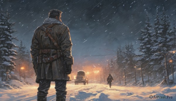 black hair,gloves,long sleeves,1boy,standing,jacket,weapon,male focus,boots,outdoors,multiple boys,sky,black gloves,pants,2boys,from behind,scarf,tree,coat,gun,military,night,facial hair,fire,ground vehicle,night sky,scenery,snow,snowing,winter clothes,facing away,house,winter,lamppost,bare tree,short hair,solo focus,belt,black jacket,black pants,nature,motor vehicle,leather,power lines,winter coat,tent,pine tree