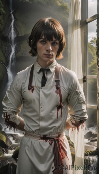 1girl,solo,looking at viewer,short hair,bangs,brown hair,shirt,black hair,brown eyes,closed mouth,standing,white shirt,cowboy shot,parted lips,necktie,day,collared shirt,indoors,water,black eyes,apron,tree,lips,window,blood,arms behind back,curtains,black necktie,sleeves rolled up,blood on face,realistic,blood on clothes,amputee,waterfall,blue eyes