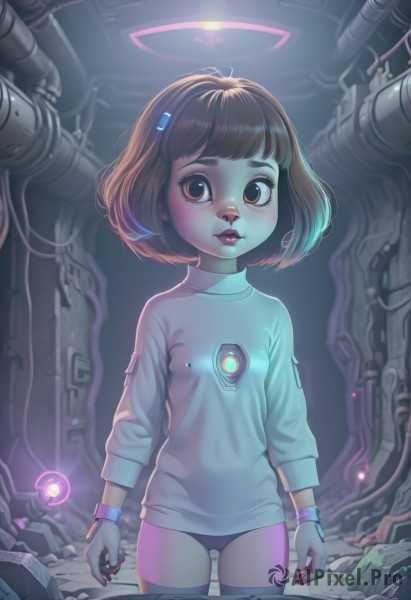 1girl,solo,breasts,looking at viewer,blush,short hair,bangs,brown hair,shirt,hair ornament,thighhighs,gloves,long sleeves,brown eyes,underwear,standing,panties,cowboy shot,small breasts,hairclip,artist name,signature,sweater,lips,loli,glowing,bob cut,robot,no pants,bandaid,backlighting,freckles,science fiction,wristwatch,cable,jewelry,bracelet,cameltoe,halo,wristband,nose