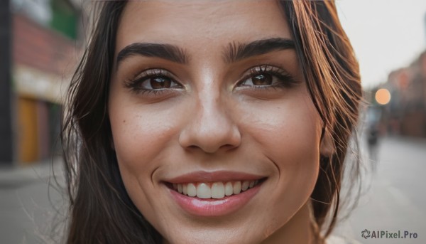 1girl,solo,long hair,looking at viewer,smile,open mouth,brown hair,black hair,brown eyes,teeth,mole,grin,blurry,lips,eyelashes,depth of field,blurry background,thick eyebrows,portrait,close-up,freckles,realistic,nose,:d,parody