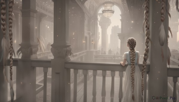 1girl,solo,long hair,skirt,brown hair,dress,very long hair,standing,braid,short sleeves,outdoors,water,from behind,white dress,twin braids,single braid,building,scenery,light particles,fantasy,railing,facing away,architecture,bridge,pillar,statue,arch,balcony,column,blonde hair,rope,braided ponytail,long braid