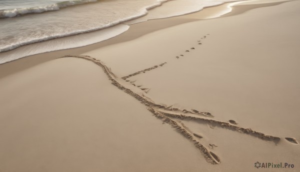 monochrome,outdoors,day,water,no humans,bird,ocean,animal,beach,scenery,sand,shore,brown theme,desert,footprints,waves