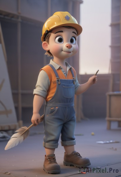 solo,smile,short hair,brown hair,shirt,1boy,hat,holding,brown eyes,closed mouth,standing,full body,male focus,outdoors,shoes,blurry,black eyes,blurry background,helmet,feathers,child,overalls,male child,paintbrush,stick,collared shirt,brown footwear,denim,sleeves rolled up,freckles,hardhat