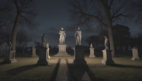 outdoors,sky,tree,night,shadow,night sky,scenery,bare tree,statue,tombstone,graveyard,stone lantern,no humans,grass,dark,fog