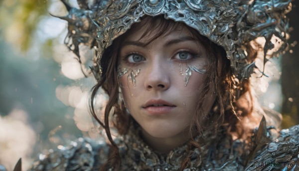 1girl,solo,long hair,looking at viewer,blue eyes,brown hair,jewelry,braid,parted lips,artist name,armor,blurry,lips,grey eyes,eyelashes,depth of field,blurry background,helmet,portrait,close-up,realistic,nose,bangs,outdoors,day,tears