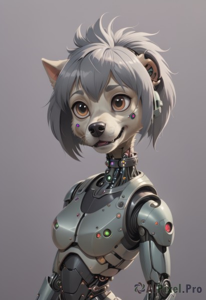 1girl,solo,breasts,looking at viewer,short hair,open mouth,simple background,animal ears,brown eyes,upper body,grey hair,small breasts,teeth,grey background,robot,dog ears,furry,science fiction,furry female,android,joints,cyborg,robot joints,mechanical parts,bangs,shiny,cat ears,animal nose,humanoid robot