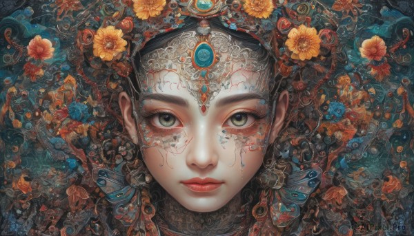 1girl,solo,looking at viewer,black hair,hair ornament,jewelry,closed mouth,green eyes,flower,earrings,hair flower,lips,grey eyes,eyelashes,makeup,facial mark,lipstick,gem,portrait,red lips,straight-on,orange flower,lying,from above,headdress