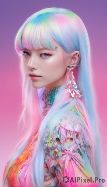 1girl,solo,long hair,breasts,looking at viewer,bangs,simple background,jewelry,closed mouth,blue hair,upper body,pink hair,multicolored hair,earrings,frills,blunt bangs,black eyes,from side,lips,gradient,grey eyes,gradient background,eyelashes,aqua hair,gradient hair,makeup,piercing,pink background,lipstick,ear piercing,eyeshadow,purple background,pink lips,realistic,nose,eyeliner,colorful,rainbow hair,white hair,expressionless,gem,mascara